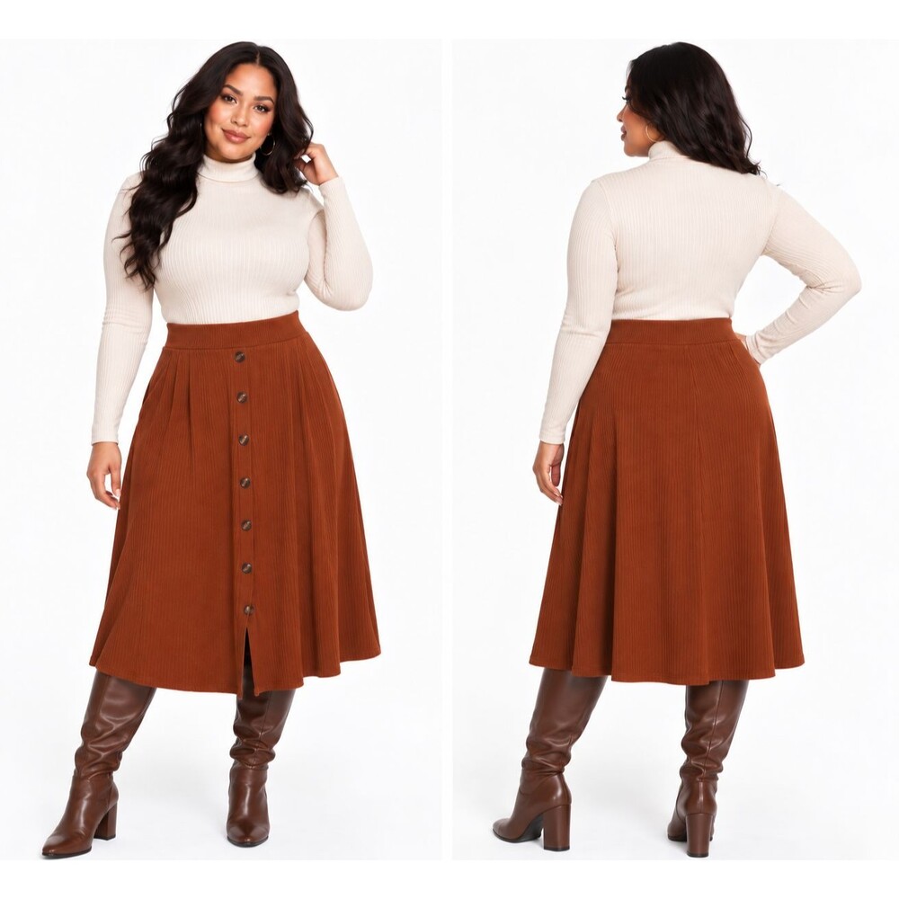 Torrid Midi Rib Button-Front Skirt Size 1 (1X/14-16)  Brown Rust Pockets Stretch
